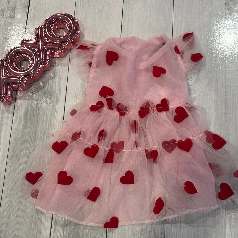 Pink Tulle Dog Dress with Red Hearts - Cute Pet Party Dress